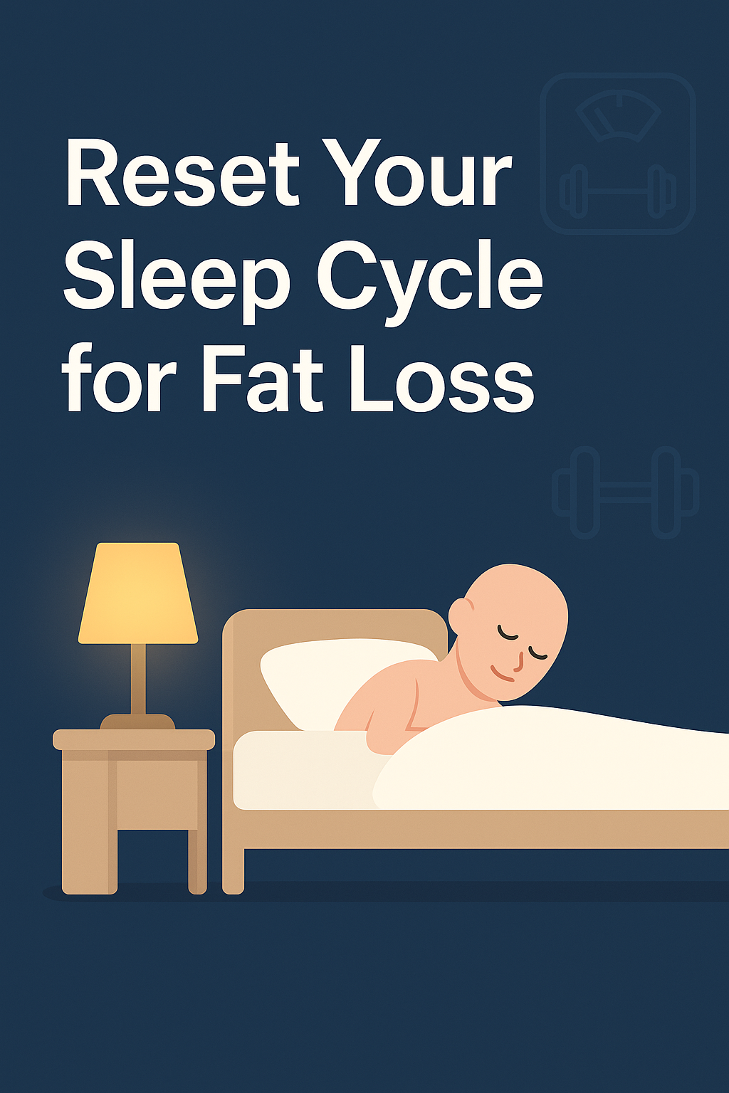 A peaceful bedroom with soft lighting, a bed with white sheets, a digital flame icon hovering subtly, and fitness elements like a dumbbell and scale blending into the background — symbolizing the connection between sleep and fat loss